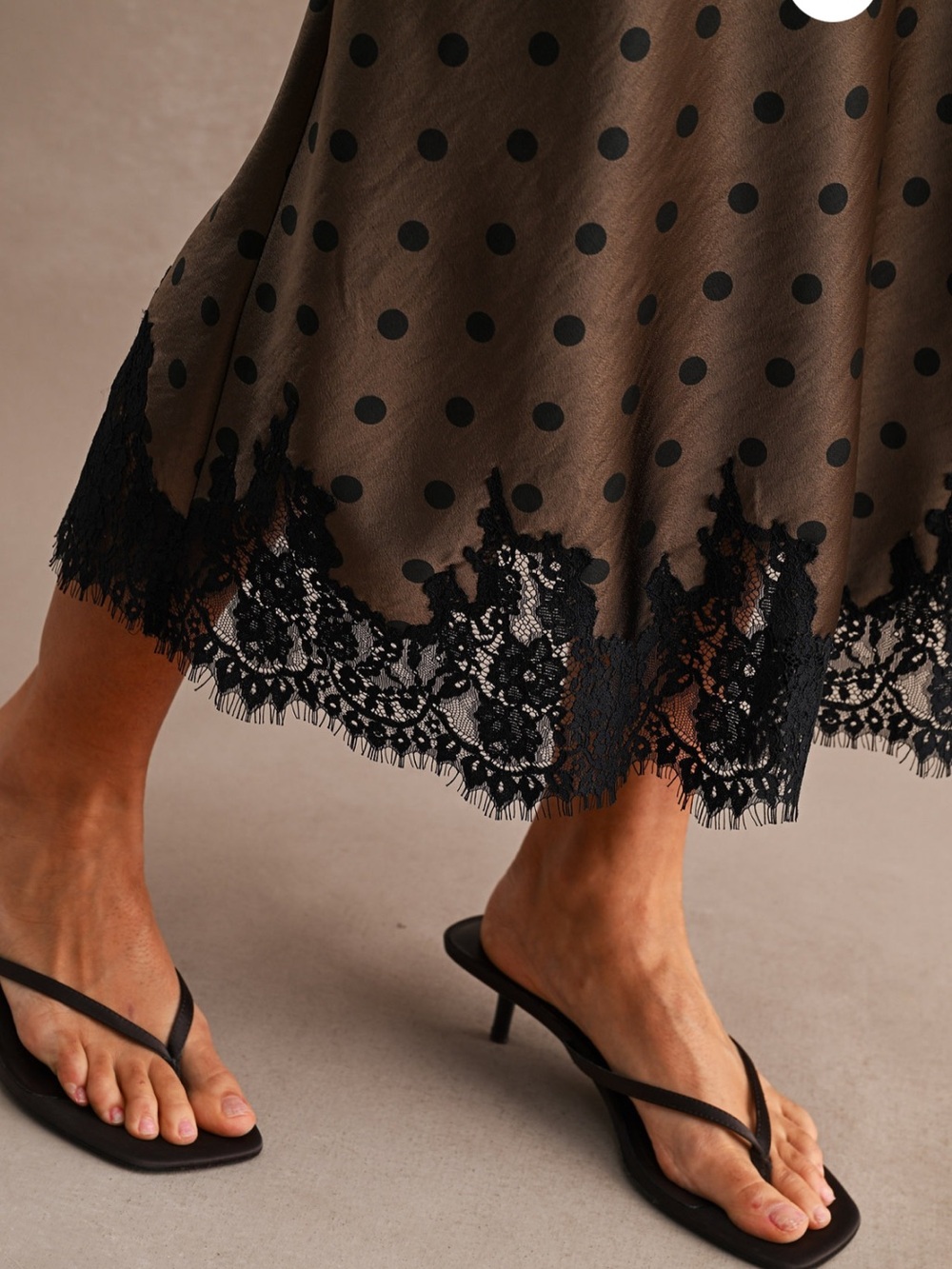 Mable Chocolate Brown Polka Dot Lace Hem Midi Skirt - Picture 6 of 6
